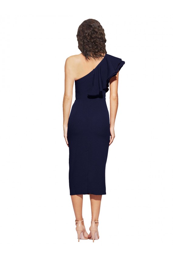 Stretch Crepe One Shoulder Midi Length Sheath Dark Navy Prom Dress Canada Factory
