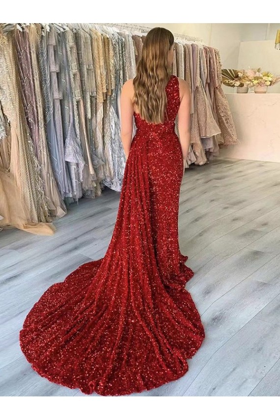 Velvet Sequin One Shoulder Court Train Sheath Burgundy Prom Dress Canada Factory