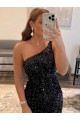 Velvet Sequin One Shoulder Sheath Black Short Prom Dress Canada Factory