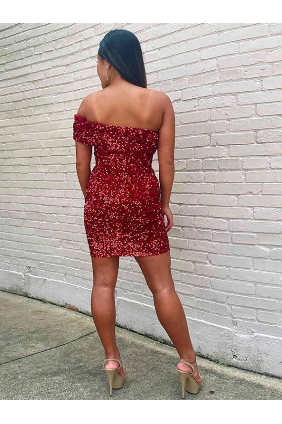 Velvet Sequin One Shoulder Sheath Burgundy Prom Dress Canada Factory