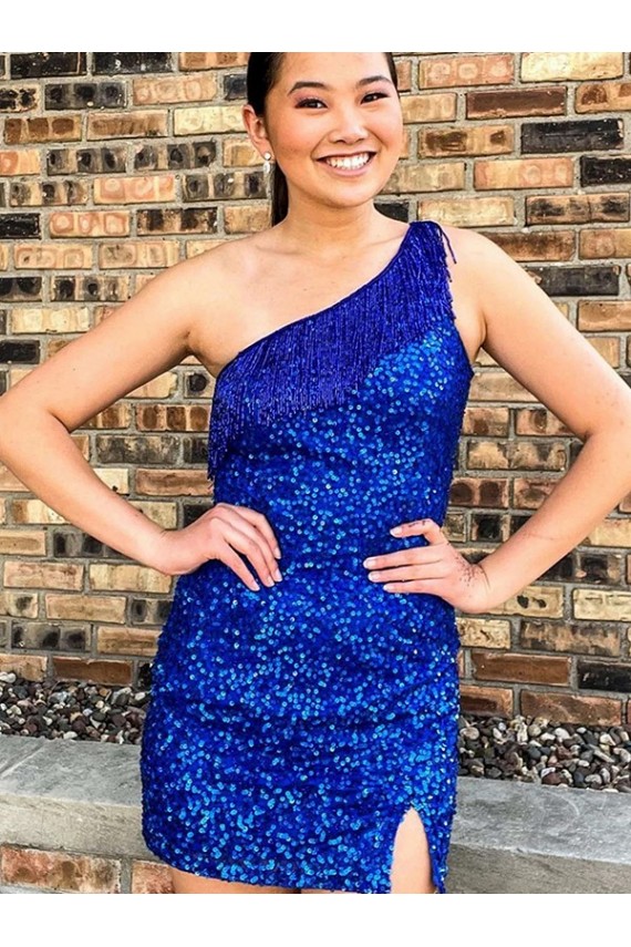 Velvet Sequin One Shoulder Sheath Royal Blue Homecoming Dresses Canada Factory