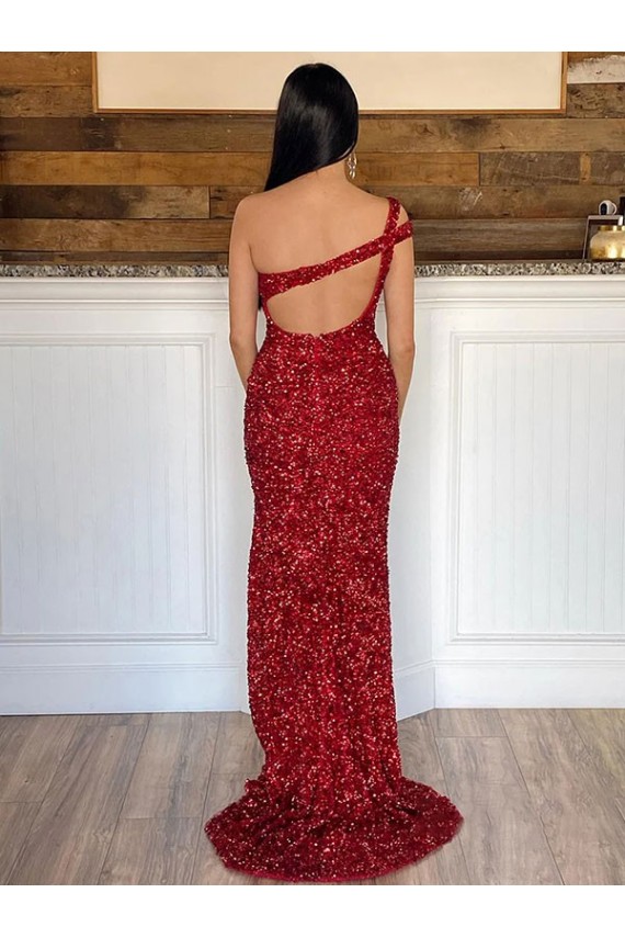 Velvet Sequin One Shoulder Sweep Train Sheath Burgundy Prom Dress Canada Factory