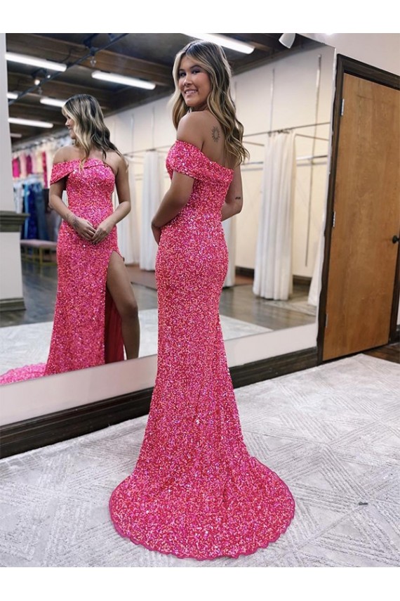 Velvet Sequin One Shoulder Sheath Fuchsia Evening Gown Canada Factory