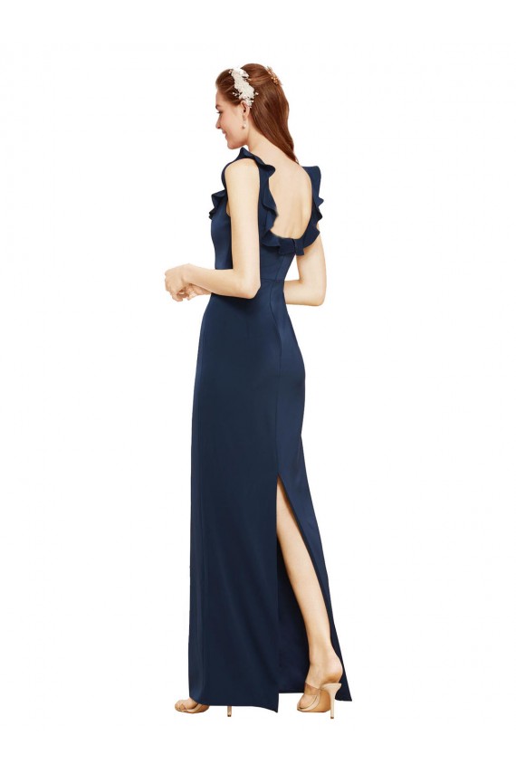 Stretch Crepe Scoop Neck Low Back Sheath Dark Navy Long Prom Dress Canada Factory