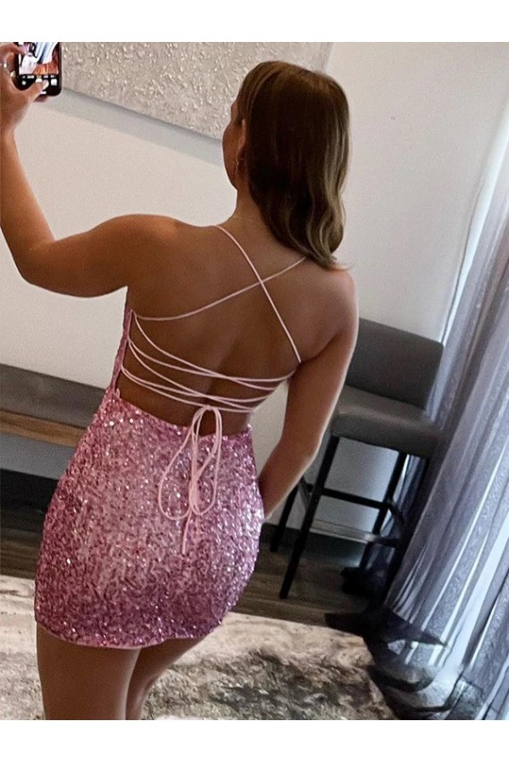 Velvet Sequin Spaghetti Straps Sheath Hot Pink Short Prom Dress Canada Factory