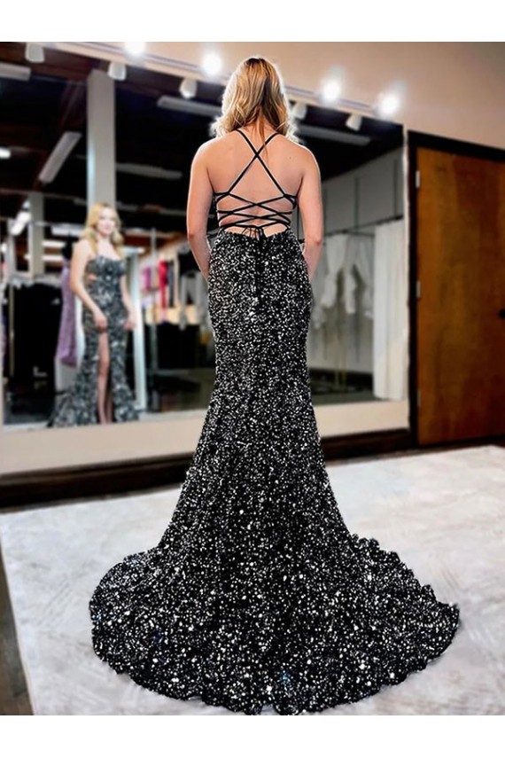 Velvet Sequin Spaghetti Straps Sheath Prom Dress Canada Factory