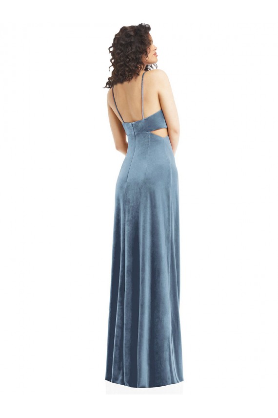 Stretch Velvet Square Neck Low Back Sheath Dusty Blue Prom Dress Canada Factory