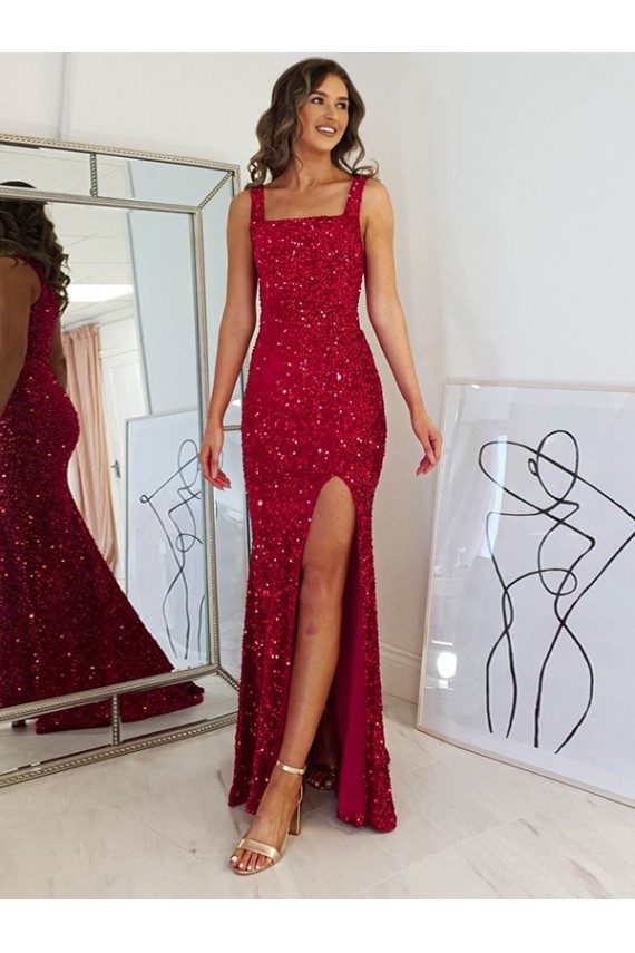 Velvet Sequin Square Neck Sheath Burgundy Prom Dress Canada Factory