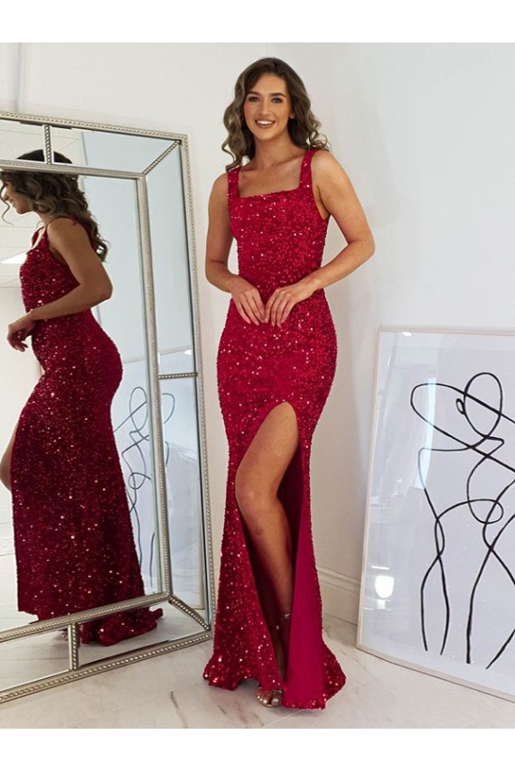 Velvet Sequin Square Neck Sheath Burgundy Prom Dress Canada Factory