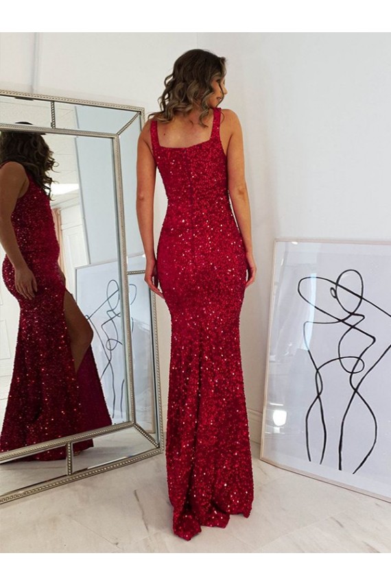 Velvet Sequin Square Neck Sheath Burgundy Prom Dress Canada Factory