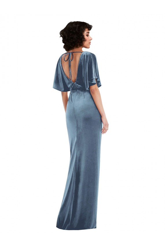 Stretch Velvet Open Back Sheath Dusty Blue Prom Dress Canada Factory