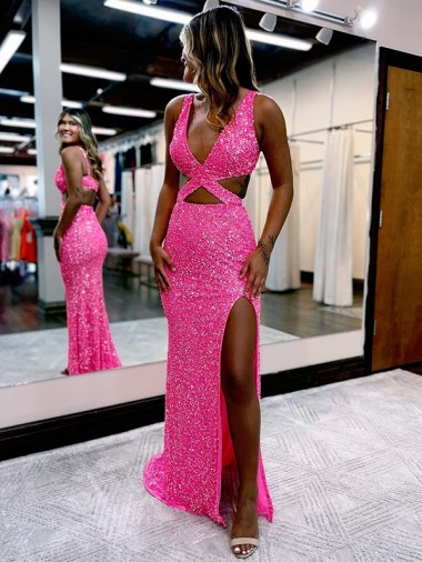 Velvet Sequin V-Neck Long Sweep Train Sheath Prom Dress Canada Factory