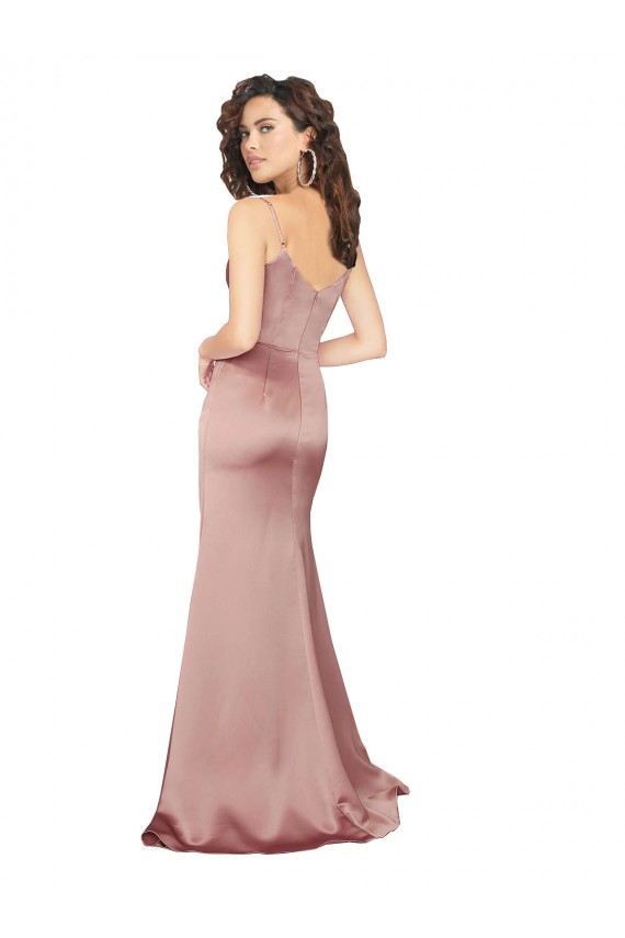 Silky Satin V-Neck V-Back Sheath Dusty Pink Black Tie Prom Dress Canada Factory