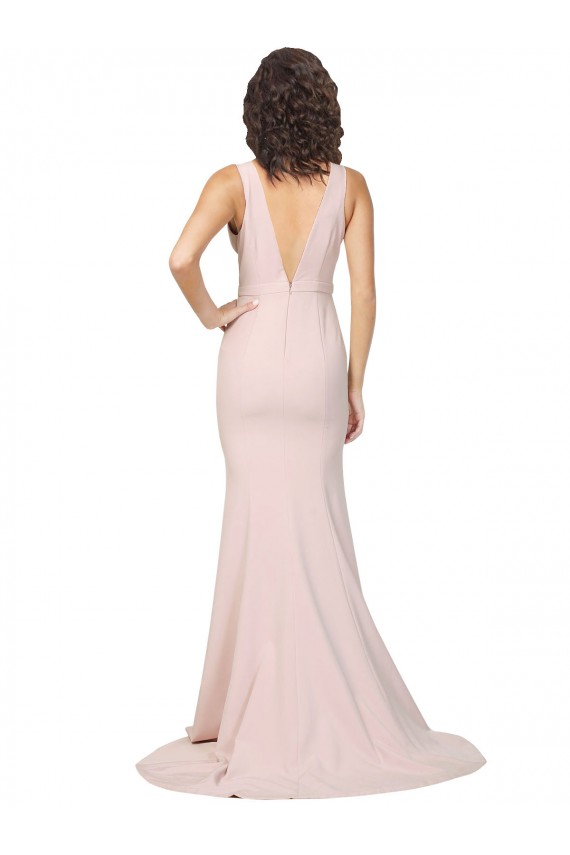 Stretch Crepe V-Neck V-Back Sheath Pink Black Tie Prom Dress Canada Factory