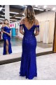 Velvet Sequin V-Neck Sheath Royal Blue Long Prom Dress Canada Factory