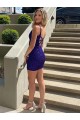Velvet Sequin V-Neck Sleeveless Sheath Royal Blue Short Prom Dress Canada Factory