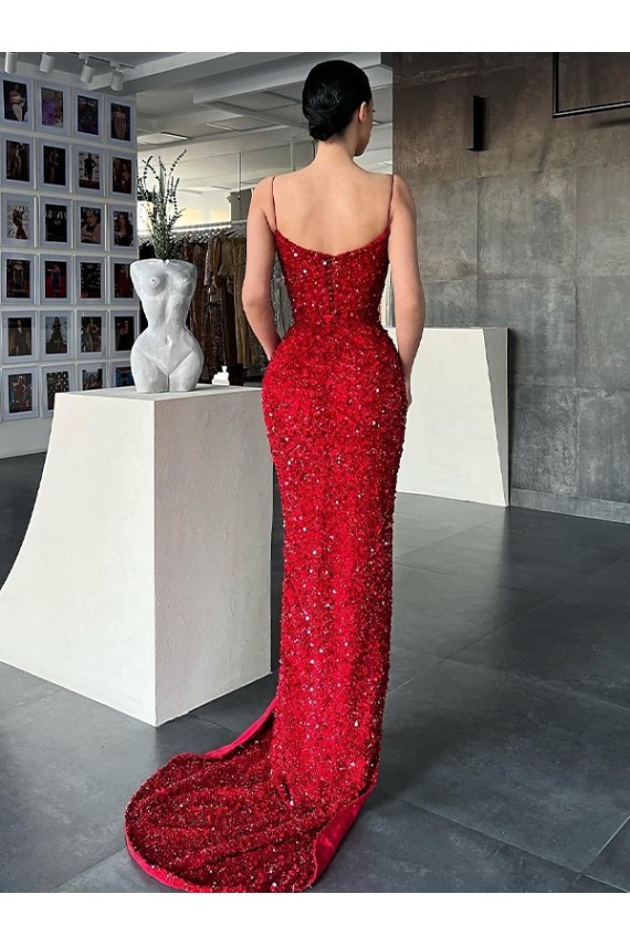 Velvet Sequin V-Neck Sheath Red Prom Dress Canada Factory