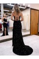 Velvet Sequin V-Neck Sheath Royal Blue Sweep Train Prom Dress Canada Factory
