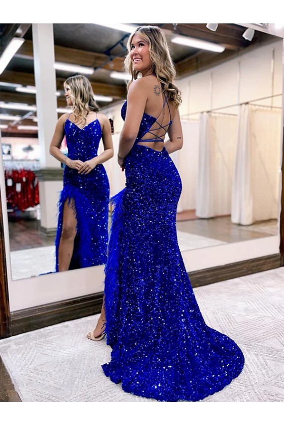 Velvet Sequin V-Neck Sheath Royal Blue Sweep Train Prom Dress Canada Factory