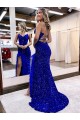 Velvet Sequin V-Neck Sheath Royal Blue Sweep Train Prom Dress Canada Factory