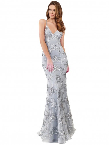 Stretch Crepe & Sequin Tulle High Neck Open Back Mermaid Silver Prom Dress Canada Factory