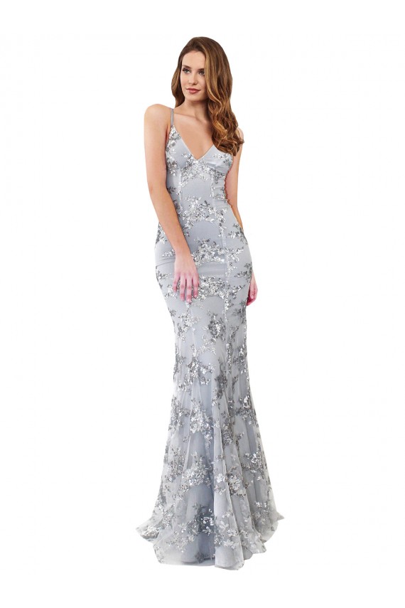Stretch Crepe & Sequin Tulle High Neck Open Back Mermaid Silver Prom Dress Canada Factory