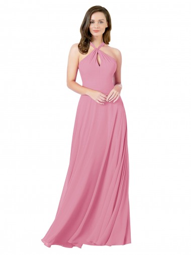 Soft Chiffon Halter Neck Keyhole Back A-Line Skin Pink Prom Dress Canada Factory