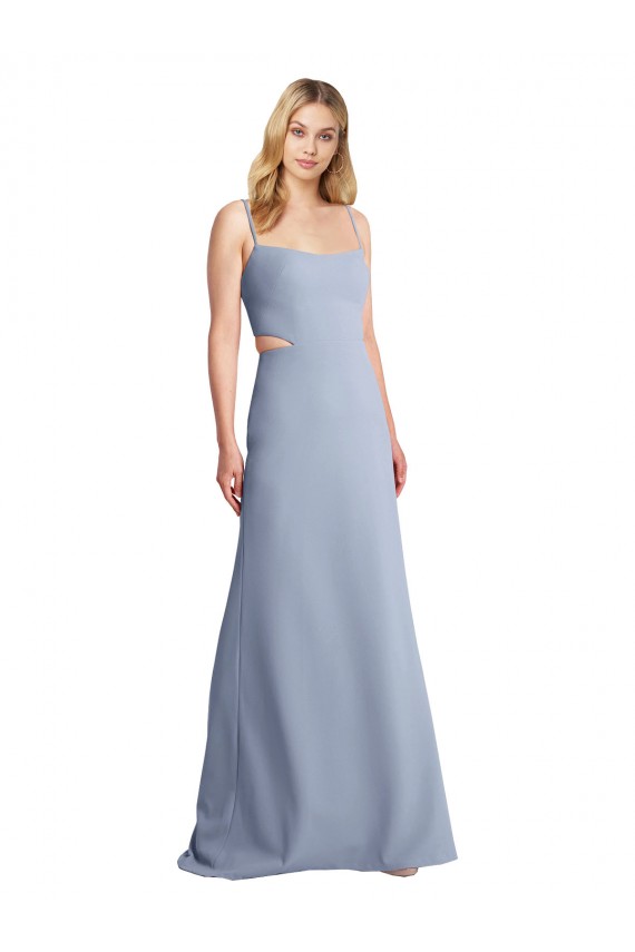 Stretch Crepe Scoop Neck Open Back A-Line Smoke Blue Prom Dress Canada Factory