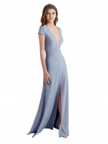 Stretch Crepe High Neck Sheath Smoke Blue Long Prom Dress Canada Factory