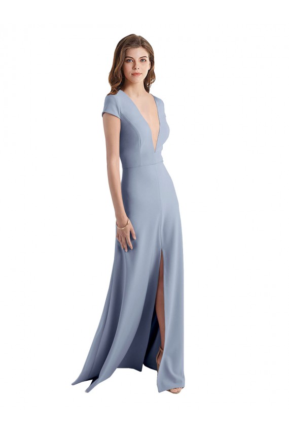 Stretch Crepe High Neck Sheath Smoke Blue Long Prom Dress Canada Factory