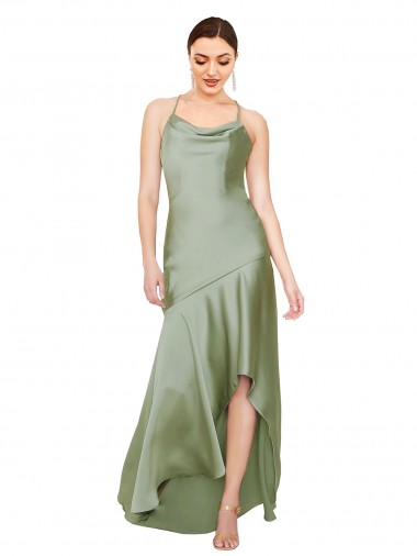 Silky Satin Cowl Neck Open Back A-Line Smoke Green High Low Prom Dress Canada Factory