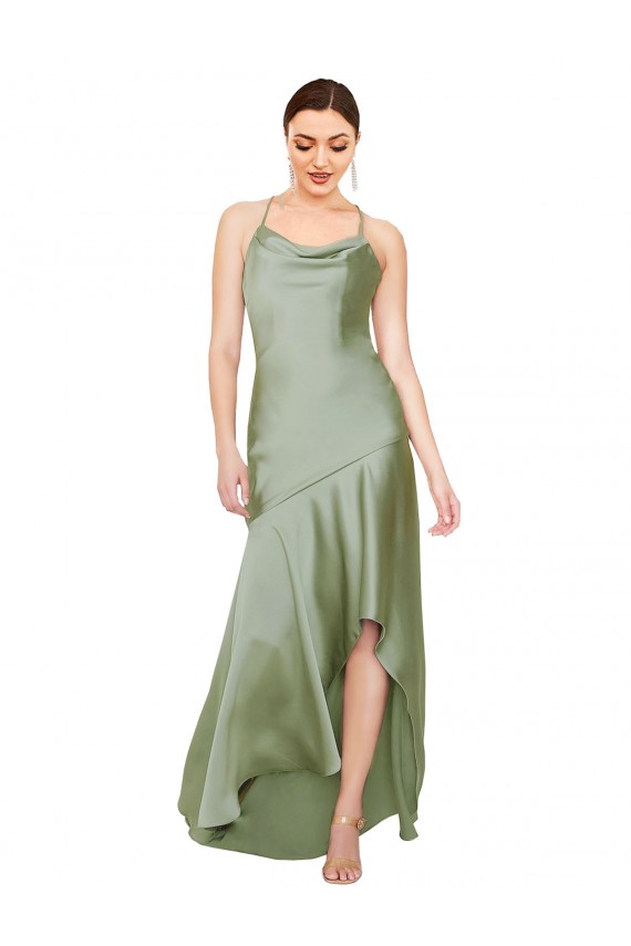 Silky Satin Cowl Neck Open Back A-Line Smoke Green High Low Prom Dress Canada Factory