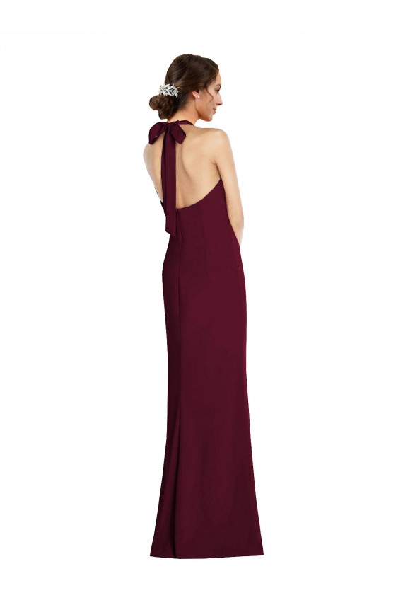 Stretch Crepe Halter Neck Open Back Trumpet Burgundy Gold Prom Dress Canada Factory
