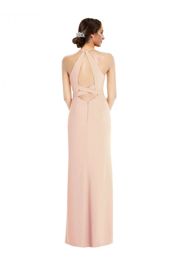 Stretch Crepe Halter Neck Open Back Trumpet Nude Prom Dress Canada Factory