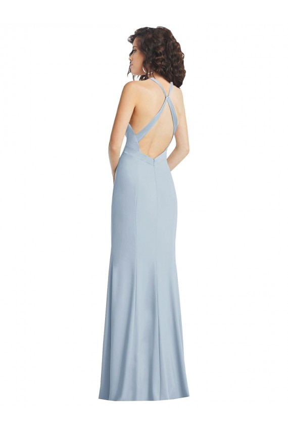 Stretch Crepe High Neck Open Back Trumpet Light Sky Blue Prom Dress Canada Factory