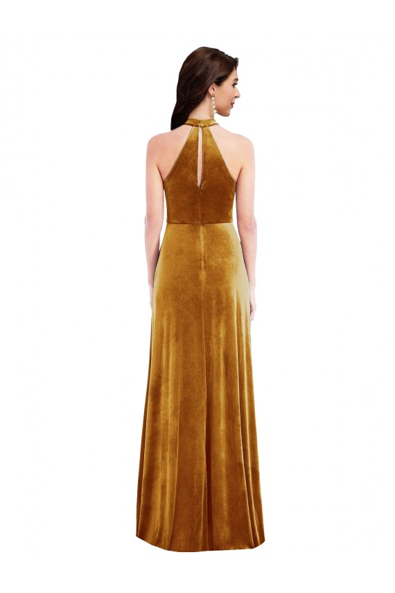 Stretch Velvet High Neck Keyhole Back Trumpet Gold Prom Dress Canada Factory