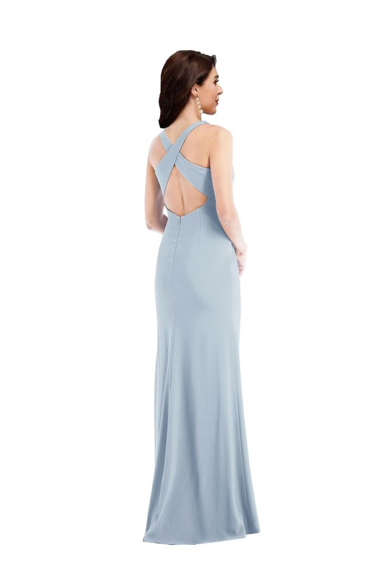 Stretch Crepe V-Neck Open Back Trumpet Light Sky Blue Prom Dress Canada Factory