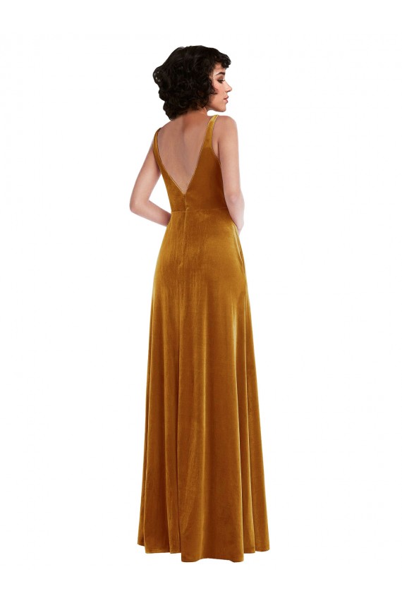 Stretch Velvet V-Neck V-Back Trumpet Gold Prom Dress Canada Factory